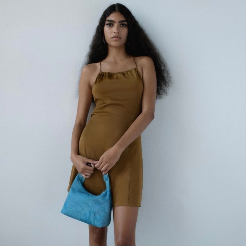 URBAN OUTFITTERS SATIN HALTER DRESS Halter Slip Dress olive green XS